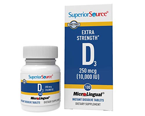 Superior Source Vitamin D3 10000 IU, Quick Dissolve MicroLingual Tablets, 100 Count, Helps Promote Strong Bones and Teeth, Immune Support, Helps Maintain Healthy Muscle Function, Non-GMO