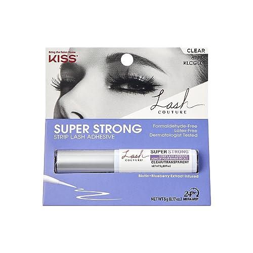 KISS Lash Couture Black Strip Lash Adhesive with Biotin & Blueberry Extract, Latex-Free, Dermatologist Tested, Contact Lens Friendly, Strong Hold, Gentle Formula, with Brush Tip Applicator, 0.17 Oz.