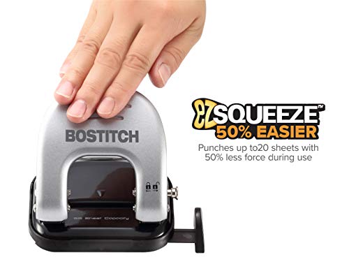 Bostitch Office EZ Squeeze Reduced Effort 2-Hole Punch, 20 Sheets, Locking Handle, Silver (2310)