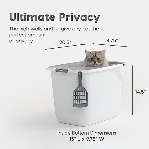 IRIS USA Square Top Entry Cat Litter Box with Scoop, Large Kitty Litter Tray with Litter Catching Lid Less Tracking Dog Proof and Privacy Walls, White/Gray
