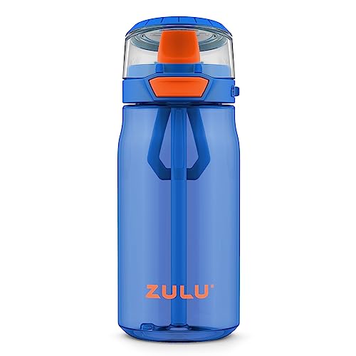 ZULU Kids Flex 16oz Tritan Plastic Water Bottle with Silicone Spout, Leak-Proof Locking Flip Lid and Soft Touch Carry Loop for School Backpack, Lunchbox, and Outdoor Sports, Blue