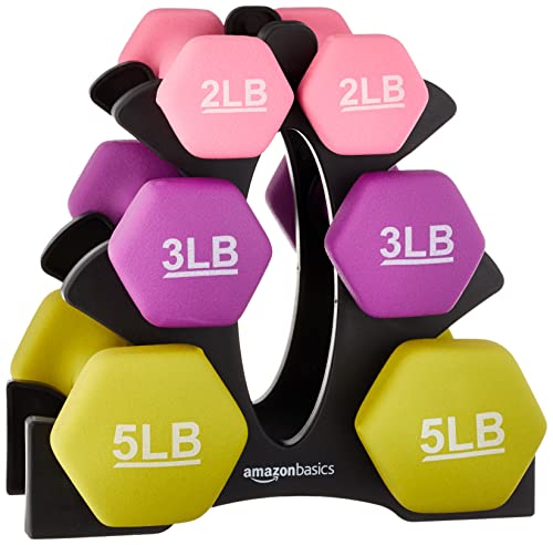 Amazon Basics Neoprene Coated Hexagon Workout Dumbbell Color Coded Hand Weight with Storage Rack, 20 Pounds (3 Pairs set of 2, 3, and 5 Pounds), Multicolor