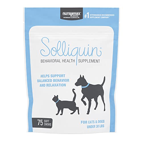 Nutramax Solliquin Calming Behavioral Health Supplement for Small to Medium Dogs and Cats - with L-Theanine, Magnolia/Phellodendron, and Whey Protein Concentrate, 75 Soft Chews
