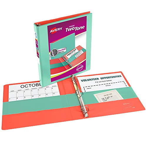 Avery(R) Two-Tone Durable View 3 Ring Binder, 1-1/2 Inch Slant Rings, 1 Mint/Coral Binder (17289)