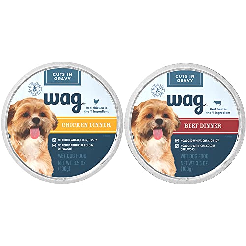 Amazon Brand – Wag Wet Dog Food Cups, Chicken & Beef in Gravy Variety Pack, 3.5oz, 12 pack