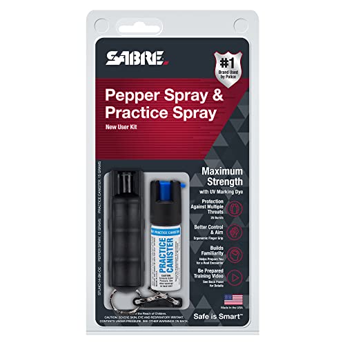 SABRE Pepper Spray, Quick Release Keychain for Easy Carry and Fast Access, Finger Grip for More Accurate and Faster Aim, Maximum Police Strength OC Spray, 25 Bursts, Secure and Easy to Use Safety