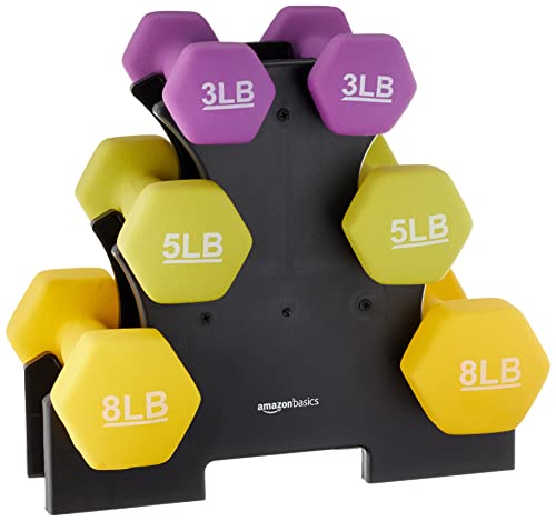 Amazon Basics Neoprene Coated Hexagon Workout Dumbbell Color Coded Hand Weight with Storage Rack, 20 Pounds (3 Pairs set of 2, 3, and 5 Pounds), Multicolor