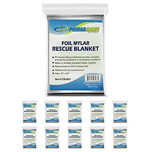 Primacare HB-10 Emergency Foil Mylar Thermal Blanket (Pack of 10), 52 Length x 84 Width, Silver