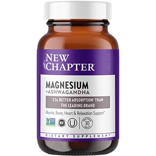 New Chapter Magnesium + Ashwagandha Supplement, Magnesium glycinate, 2.5X Absorption, Muscle Recovery, Heart & Bone Health, Calm & Relaxation, Gluten Free, Non-GMO - 90 ct