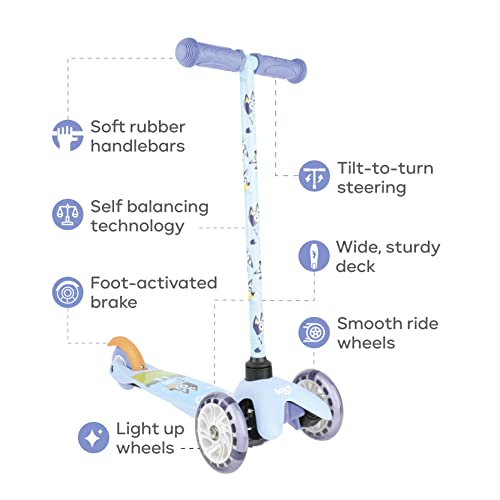 Bluey Self Balancing Kick Scooter with Light Up Wheels, Extra Wide Deck, 3 Wheel Platform, Foot Activated Brake, 75 lbs Limit, Kids & Toddlers Girls or Boys, for Ages 3 and Up
