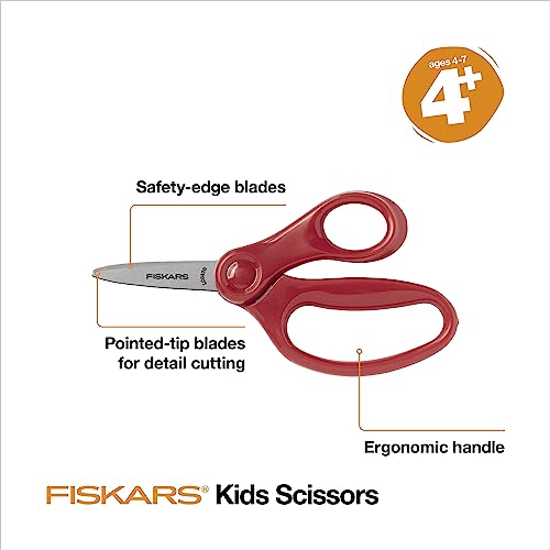 Fiskars 5 Pointed-Tip Scissors for Kids 4-7 (3-Pack) - Scissors for School or Crafting - Back to School Supplies - Red, Blue, Turquoise
