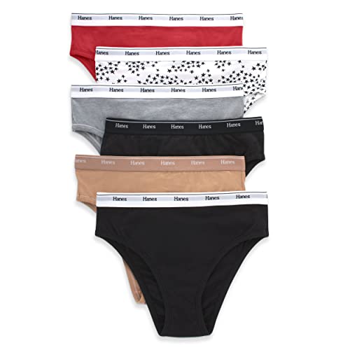 Hanes Women's Originals Panties Pack, Breathable Cotton Stretch Underwear, Basic Color Mix, 6-Pack Hi-Cuts, Large