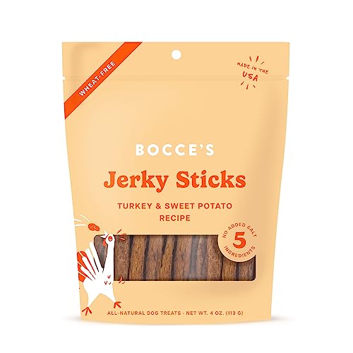 Bocces Bakery Jerky Stick Dog Treats, Wheat-Free, Made with Limited-Ingredients, Baked in The USA with No Added Salt or Sugar, All-Naural & High-Protein, Turkey & Sweet Potato, 4 oz