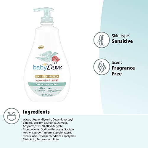 Baby Dove Sensitive Skin Care Baby Wash For Baby Bath Time Fragrance Free Moisture Fragrance Free and Hypoallergenic, Washes Away Bacteria 20 oz