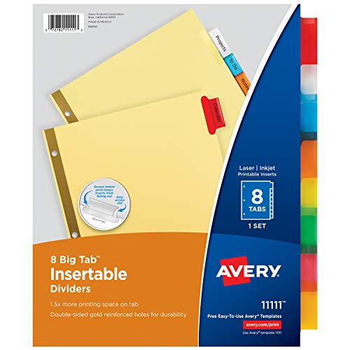 Avery 8-Tab Binder Dividers, Insertable Multicolor Big Tabs, 1 Set (11111)