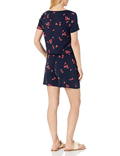 Amazon Essentials Women's Short-Sleeve Scoop Neck Romper, Navy/Red, Tulips, Small