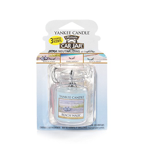 Yankee Candle Car Air Fresheners, Hanging Car Jar® Ultimate 3-Pack, Neutralizes Odors Up To 30 Days, Includes 1 Beach Walk, 1 Pink Sands, and 1 Sun and Sand (Pack of 3)