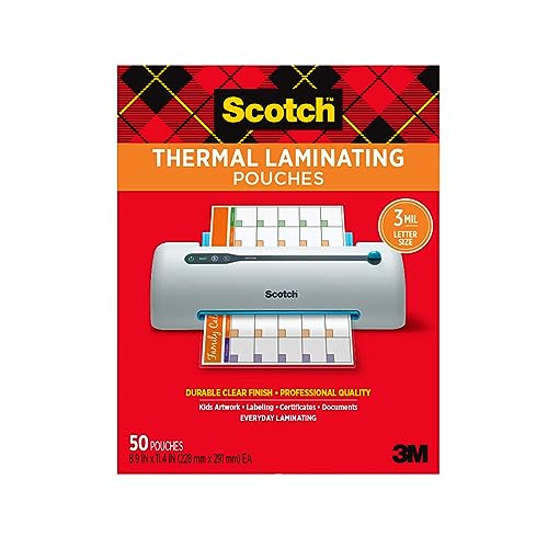 Scotch Thermal Laminating Pouches, 50 Count, Clear, 3 mil., Laminate Business Cards, Banners and Essays, Ideal Office or School Supplies, Fits Letter Sized (8.9 in. × 11.4 in.) Paper