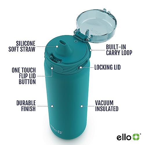 Ello Cooper Vacuum Insulated Stainless Steel Water Bottle with Soft Straw and Carry Loop, Double Walled, Leak Proof, Black, 32oz