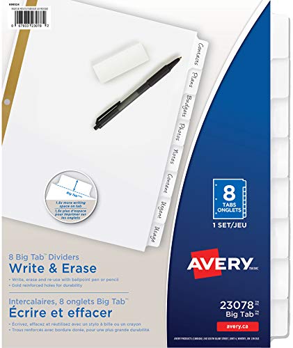 Avery 23075 Write & Erase Big Tab Paper Dividers, 5-Tab, White, Letter