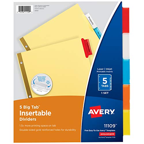 Avery 11109 5-Tab Binder Dividers, Insertable Multicolor Big Tabs, 6 Sets