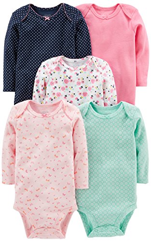 Simple Joys by Carter's Baby Girls' Long-Sleeve Bodysuit, Pack of 5, Mint Green/Navy Dots/Pink/Butterflies/Floral, 12 Months