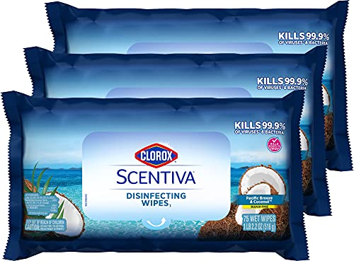Clorox Scentiva Cleaning Wipes, Bleach Free Cleaning Wipes that Kill Bacteria, Pacific Breeze & Coconut Scent, 75 Count (Pack of 3)