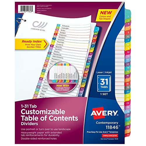 Avery 31-tab Dividers for 3 Ring Binders, Customizable Table of Contents, Multicolor Tabs, 1 Set (11846)