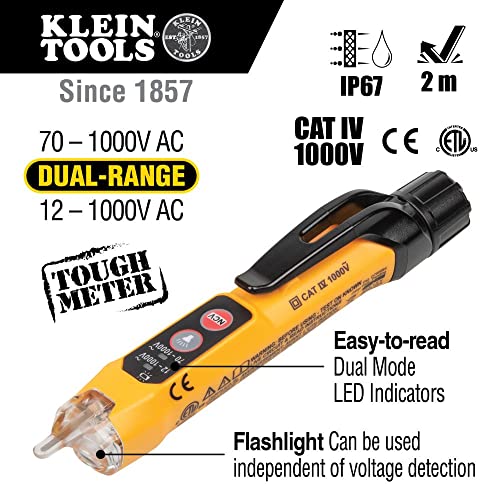 Klein Tools NCVT3P Dual Range Non Contact Voltage Tester, 12 - 1000V AC Pen, Flashlight, Audible and Flashing LED Alarms, Pocket Clip