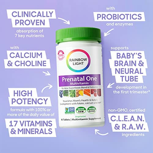Rainbow Light Prenatal One Multivitamin, Folic Acid, Calcium, & Vitamin D, Gluten Free, Supports from Conception to Postnatal, Clinically Proven Absorption, 150 Tablets