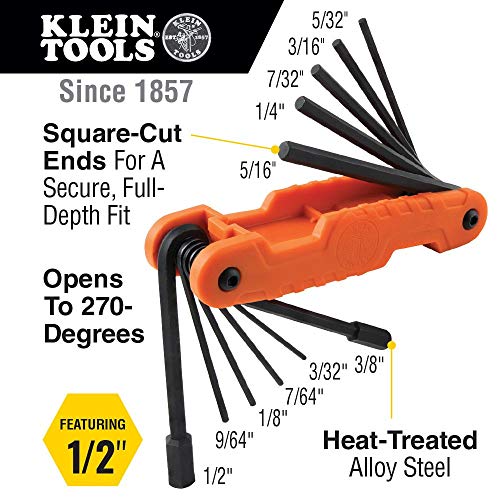 Klein Tools 70550 Hex Wrench Key Set, 11 SAE Sizes, Heavy Duty Folding Allen Wrench Tool with Extra Long Hex Keys