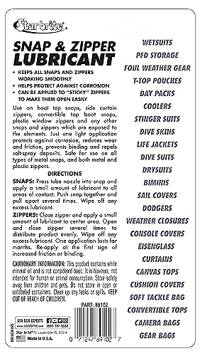 STAR BRITE Snap & Zipper Lubricant - Clear, Non-staining for Clothes, Jeep Tops, Wetsuits, Dive Suits, Gear Bags, Coolers, Biminis, Cushion Covers & More 1.75 OZ (089102)