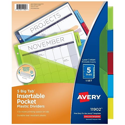 Avery Big Tab Insertable Pocket Plastic Dividers for 3 Ring Binders, 5-Tab Set, Multicolor, 1 Set (11902)