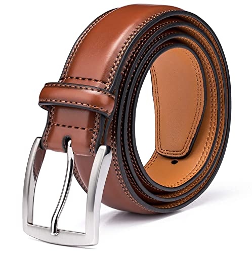 KM Legend Mens Genuine Leather Dress - Classic & Fashion For Work Business And Casual Belt, Essential Brown, 32 US