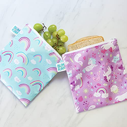 Bumkins Reusable Snack Bags, for Kids School Lunch and for Adults Portion, Washable Fabric, Waterproof Cloth Zip Bag, Supplies Travel Pouch, Food-Safe, 2-pk Unicorns and Rainbows