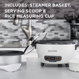 BLACK+DECKER Rice Cooker 3 Cups Cooked (1.5 Cups Uncooked) with Steaming Basket, Removable Non-Stick Bowl, White