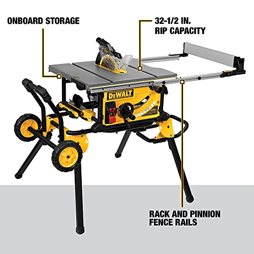 DEWALT 10 Inch Table Saw, 32-1/2 Inch Rip Capacity, 15 Amp Motor, With Rolling/Collapsible Stand (DWE7491RS)