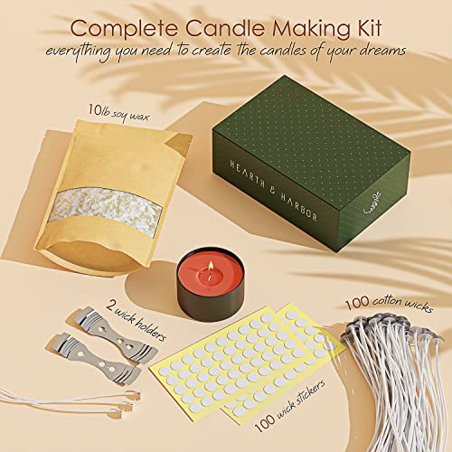 Hearth & Harbor Soy Candle Wax for Candle Making 10 lb Bag, Premium Natural Soy Wax Flakes, 100 Cotton Candle Wicks, 100 Wick Stickers, & 2 Centering Devices