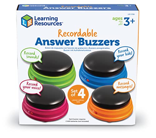 Learning Resources Recordable Answer Buzzers - Set of 4, Ages 3+ | Pre-K Personalized Sound Buzzers, Recordable Buttons, Game Show Buzzers, Perfect for Family Game and Trivia Nights,Stocking Stuffers