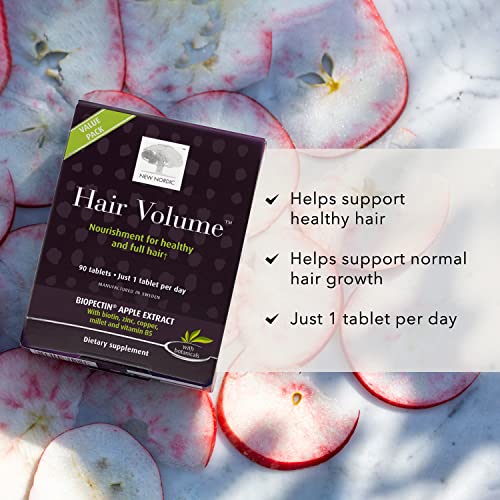 NEW NORDIC Hair Volume Tablets | 3000 mcg Biotin & Biopectin Apple Extract | Supports Natural Hair Growth for Thicker, Fuller Hair | Men and Women | 90 Count (Pack of 1)