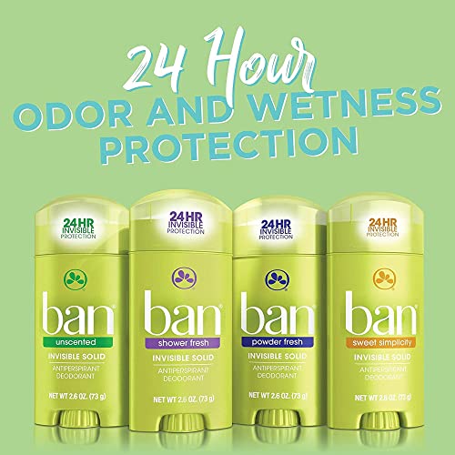 Ban Shower Fresh 24-hour Invisible Antiperspirant, Solid Deodorant for Women and Men, Underarm Wetness Protection, with Odor-fighting Ingredients, 2.6 Ounce (Pack of 4)