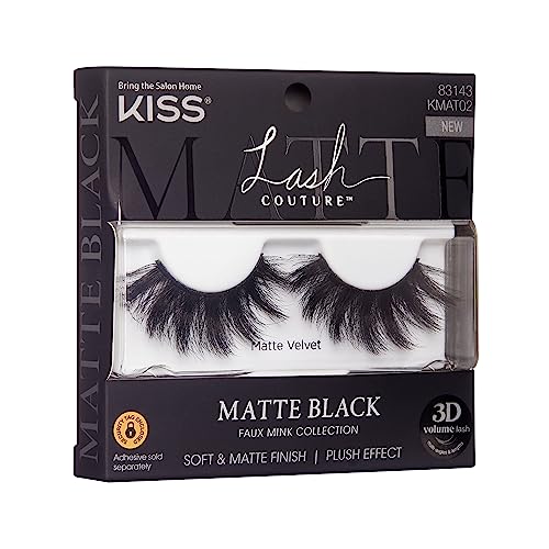 KISS Lash Couture False Eyelashes, Matte Black Faux Mink Collection, 3D Volume Lash, Soft & Matte Finish, Style Matte Velvet, 1 Pair Fake Eyelashes