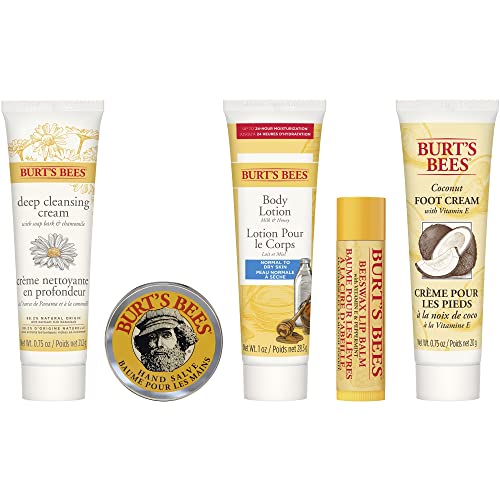 Burts Bees Back to School Gifts Ideas, 5 Dorm Room Products for College Students, Everyday Essentials Set - Original Beeswax Lip Balm, Deep Cleansing Cream, Hand Salve, Body Lotion & Foot Cream