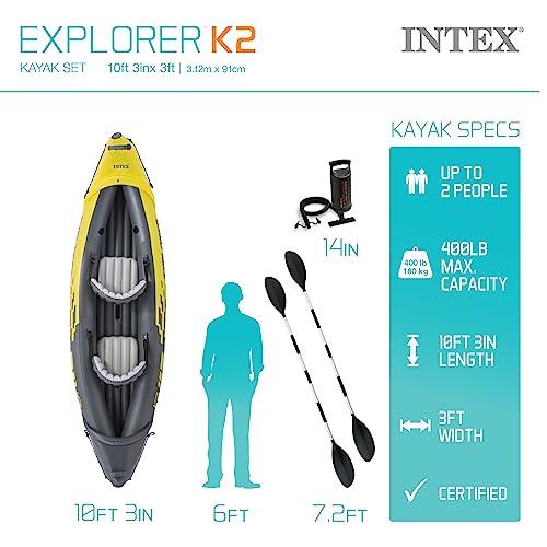 INTEX 68307EP Explorer K2 Inflatable Kayak Set Includes Deluxe 86in Aluminum Oars and High-Output Pump – SuperStrong PVC – Adjustable Seats with Backrest – 2-Person – 400lb Weight Capacity