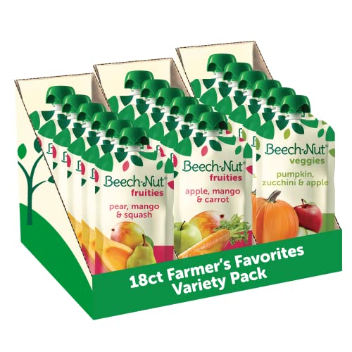 Beech-Nut Baby Food Pouches Variety Pack, Farmers Favorites Fruit & Veggie Purees, 3.5 oz (18 Pack)