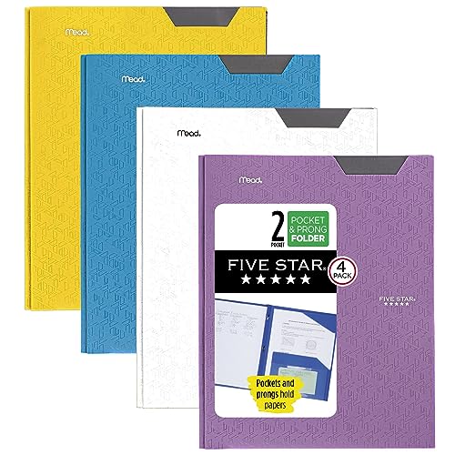 Five Star 2 Pocket Folders, 4 Pack, Plastic Folders with Stay-Put Tabs and Prong Fasteners, Holds 8-1/2” x 11 Paper, Writable Label, Tidewater Blue, White, Amethyst Purple, Harvest Yellow (38064)