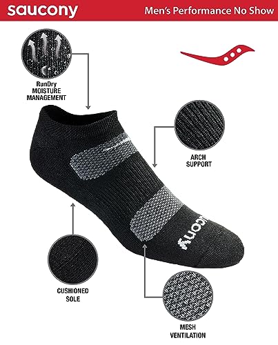 Saucony Men's Multi-Pack Mesh Ventilating Comfort Fit Performance No-Show Socks, Black Basic (6 Pairs), Shoe Size 13-15