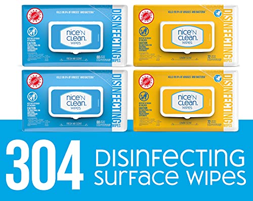 Nice N Clean Disinfecting Surface Wipes 304ct | Cleans & Disinfects Home & Kitchen Surfaces | Fresh & Lemon Scent