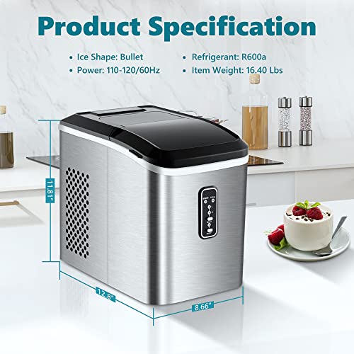 EUHOMY Ice Maker Machine Countertop, 27 lbs in 24 Hours, 9 Cubes Ready in 6 Mins, Electric ice Maker and Compact Potable ice Maker with Ice Scoop and Basket. Perfect for Home/Kitchen/Office.(Sliver)
