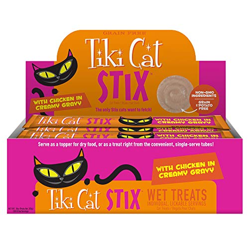 Tiki Cat Stix Wet Mousse Treats, Single Serve Indulgent Lickable Treat or Dry Food Topper, with Chicken in Creamy Gravy, 0.5 oz. Pouch (Pack of 20)
